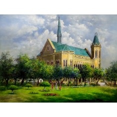 Hanif Shahzad, Frere Hall - Karachi, 27 x 36 Inch, Oil on Canvas, Landscape Painting, AC-HNS-104